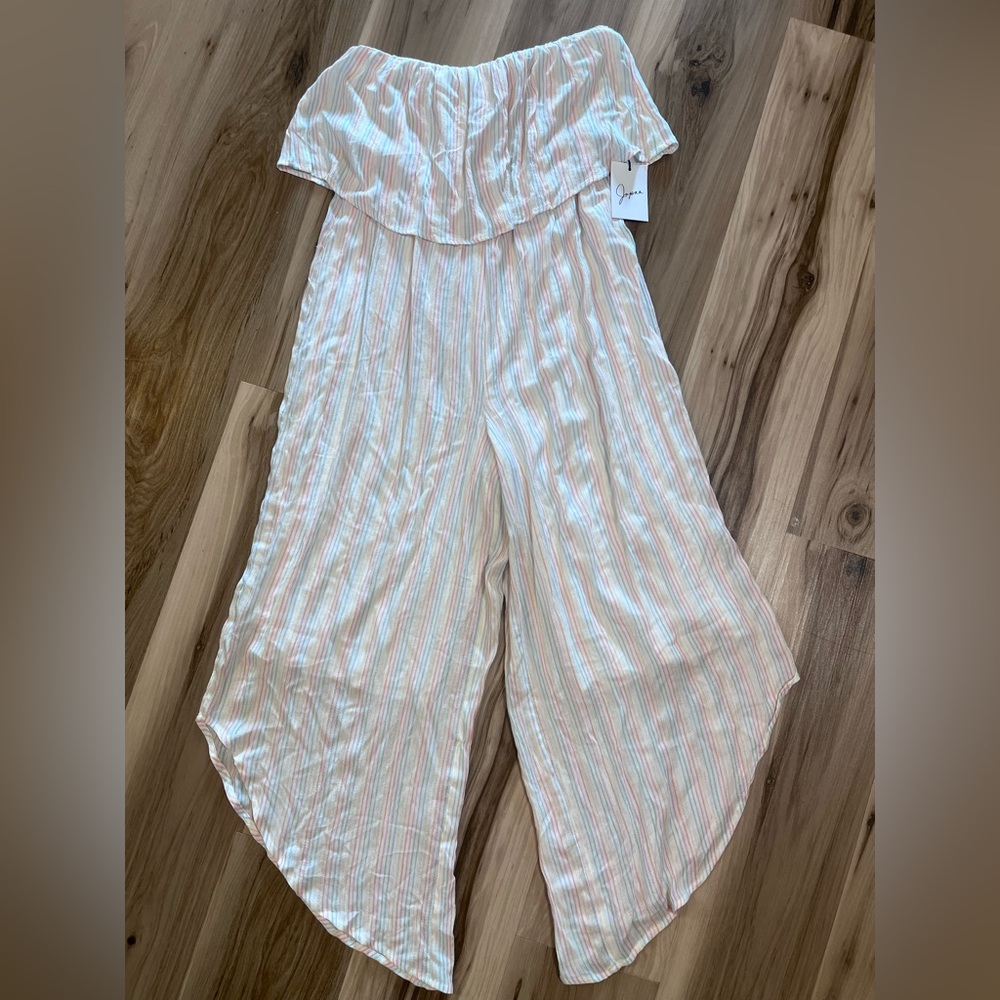 New Japna Jumpsuit Wide Leg Womens Medium M Strapless Rainbow Stripe Flowy Lined